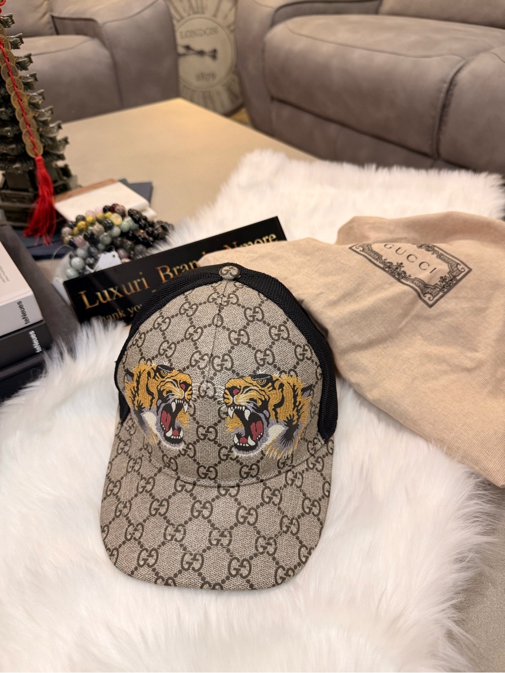Gucci Beige GG Monogram Tiger Embroidered Baseball Cap with Black Mesh